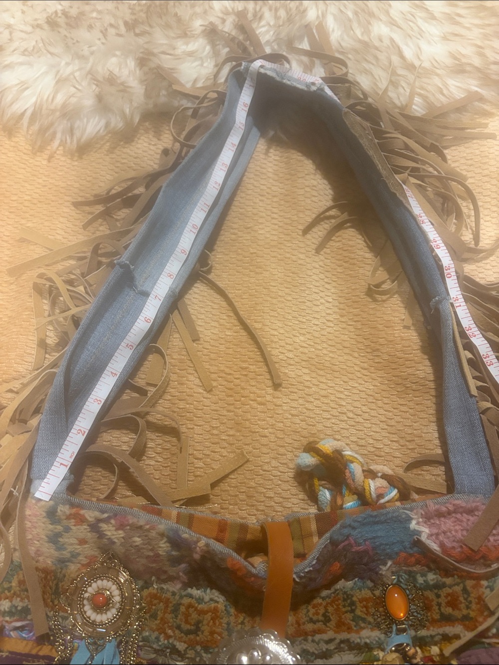 Boho Fringe Crossbody Bag - Mustard & Turquoise - Picture 8 of 9